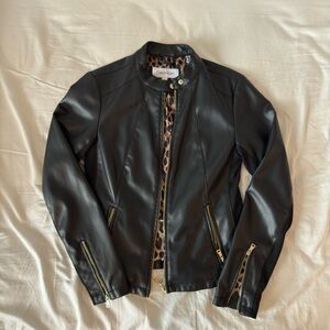 Calvin Klein Black Leather Jacket with Animal Print Lining